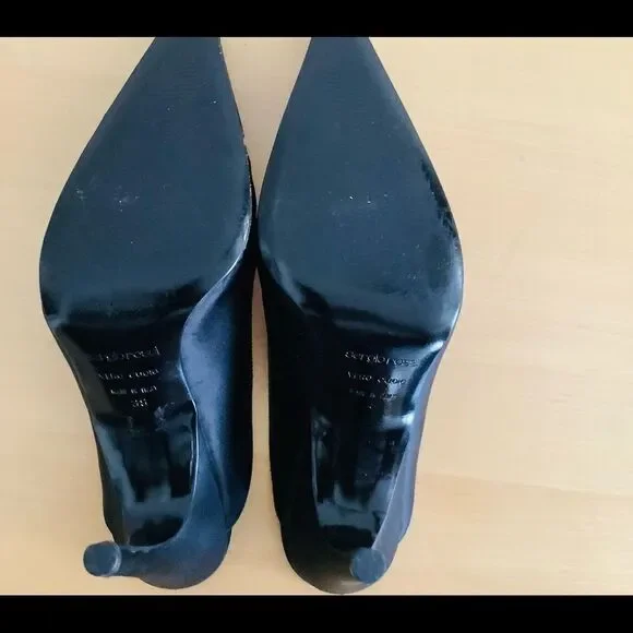 VINTAGE SERGIO ROSSI HEELS SATIN BLACK 8 New - Picture 4 of 6